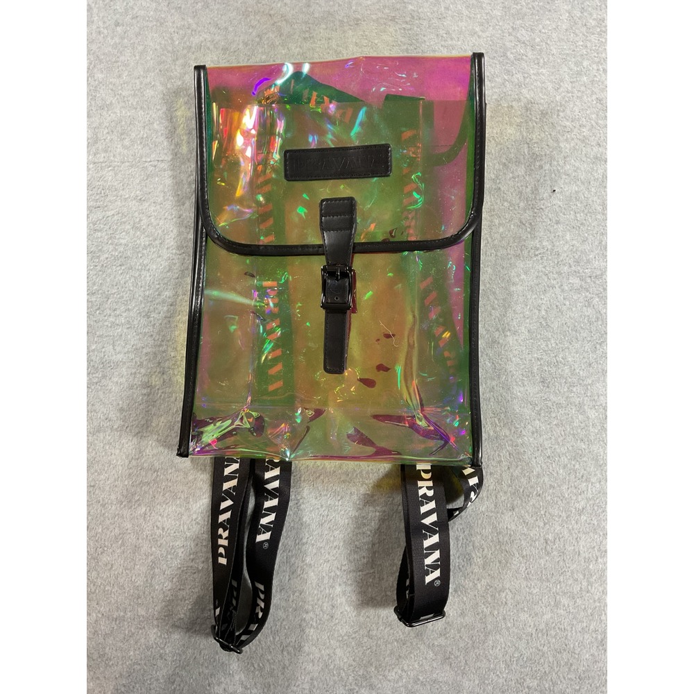 Pravana Iridescent Clear Backpack Holographic PVC Festival Bag Black Straps